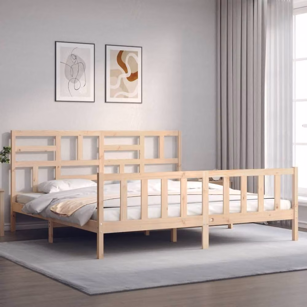Berkfield Home Super King Size Solid Pine Bed Frame with Headboard in Beige – 2
