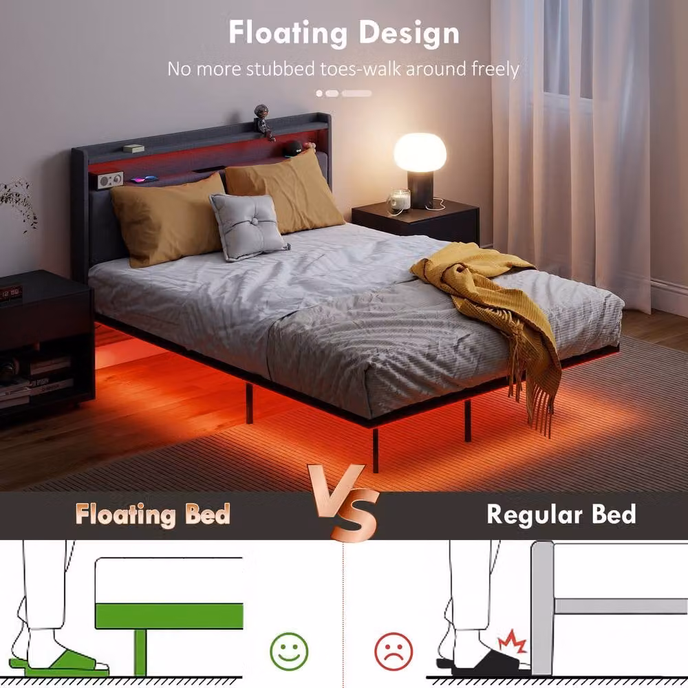 STILVORA Grey Fabric Double Bed Frame with LED Lighting, USB Charging Port and Bedside Shelves, W/D/H: 140 x 200 cm – 5