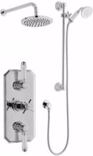 Clifton Chrome Triple Exposed Shower Set with Thermostat, Hung Slide Rail Kit and Overhead Drencher in Silver