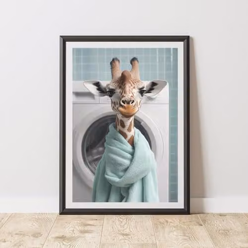 60 SECOND MAKEOVER Giraffe In Washing Machine Paper Poster Wall Art, Multicolour, W: 29.7 cm, H: 29.7 cm