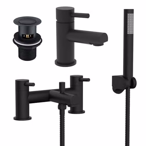 Nes Home Matt Black Brass Shower Mixer Tap Set with Handheld Shower and Basin Mixer Tap & Waste