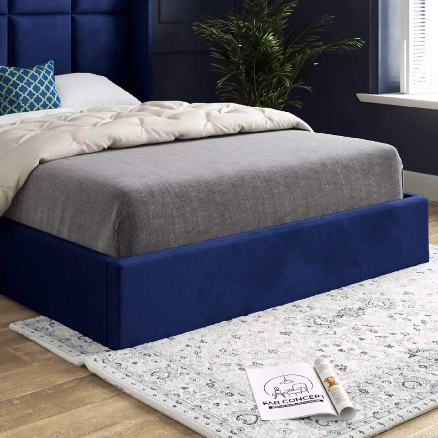Casani Quanta Modern Upholstered Soft Velvet Bed Frame in Blue, W/D/H: 140 x 200 cm – 3