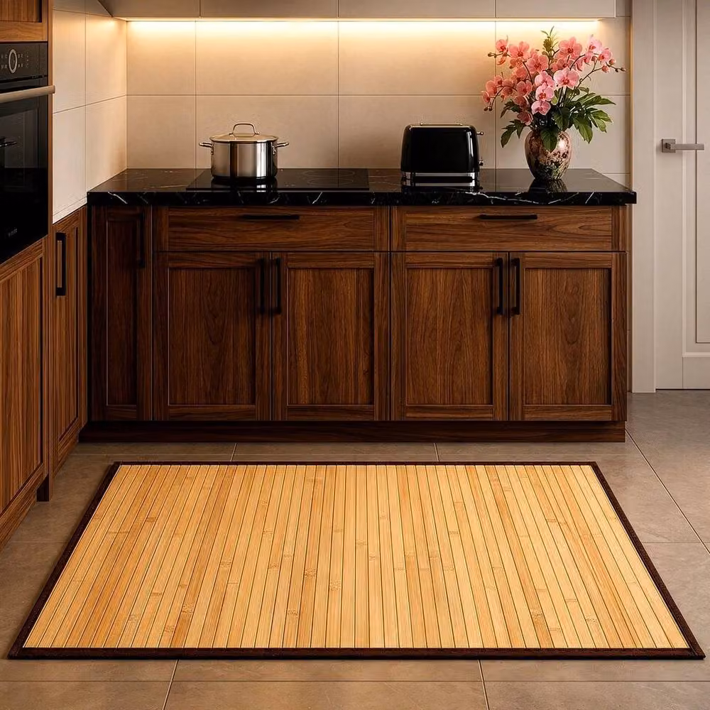 KORVIXA Natural Woven Bamboo Round Floor Mat in Brown with Dark Border, Diameter: 100 cm – 1