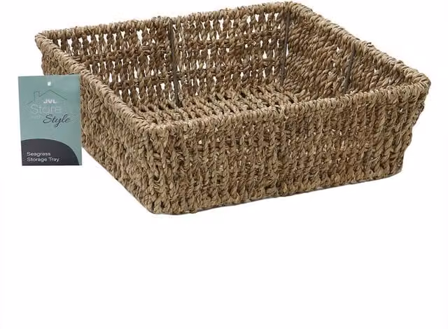 JVL Set of 2 Hand Woven Seagrass Square Storage Trays in Brown and Sand, W/D/H: 25 x 25 x 8 cm
