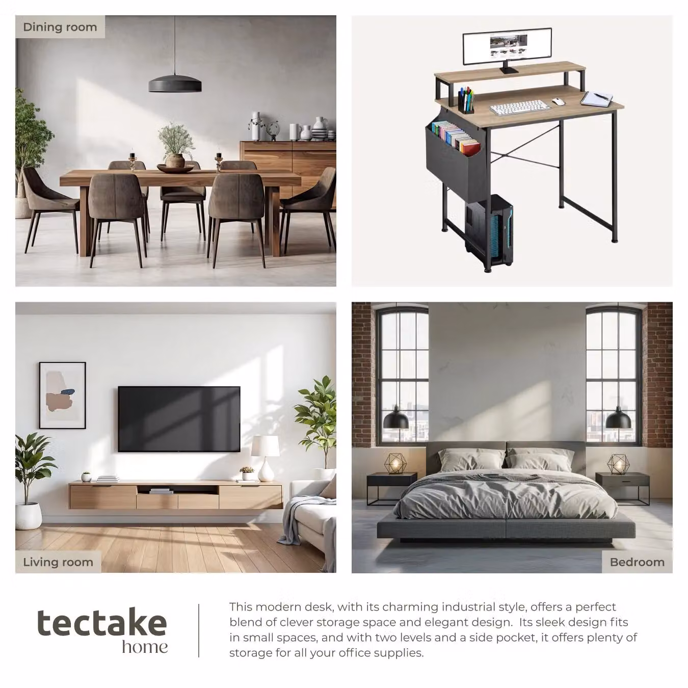 tectake Industrial Computer Desk with Shelving and Fabric Storage Bag in Light Oak – 5