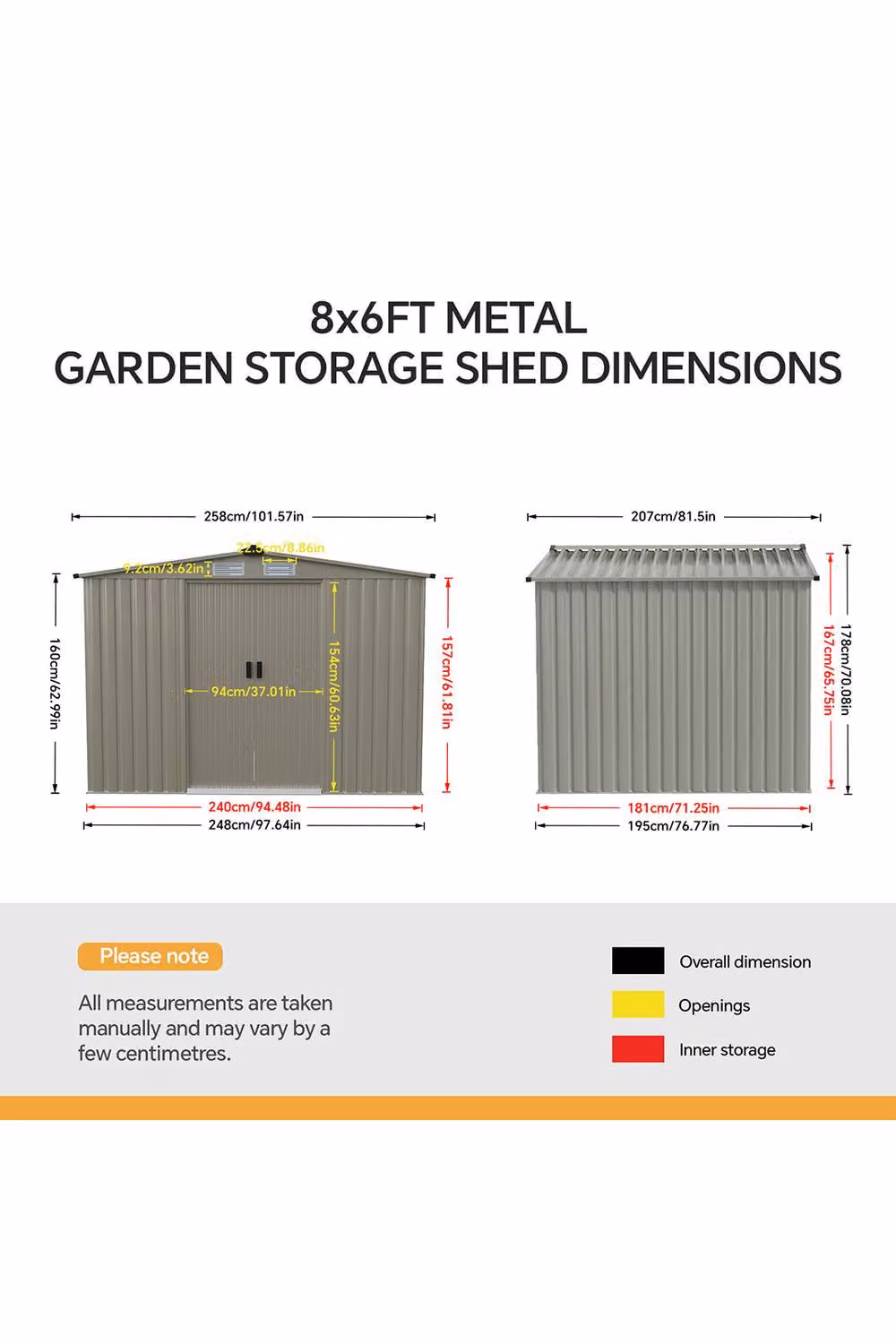 Garden Sanctuary Modern Metal Garden Tool Storage Shed with Double Doors and Gable Roof, Grey, W: 243.84 cm, D: 182.88 cm – 4