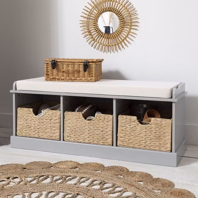 Noa and Nani Stockholm Storage Bench with 3 Rattan Baskets in Silk Grey