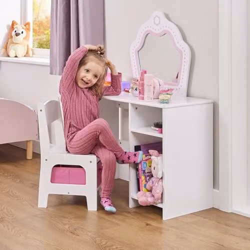 Liberty House Toys Kids Dressing Table and Chair Set in Pink or White, W/D/H: 77.0 x 54.5 x 34.0 cm