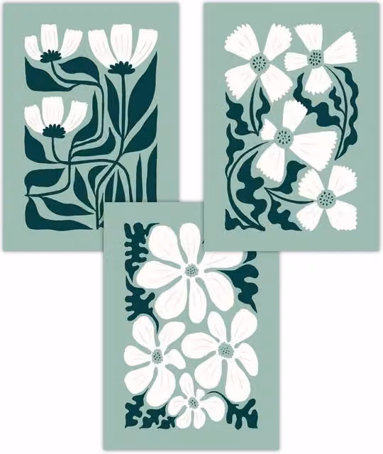 ARTZE Set of 3 Green and White Boho Abstract Floral Botanical Paper Posters, W: 42 cm, H: 59 cm