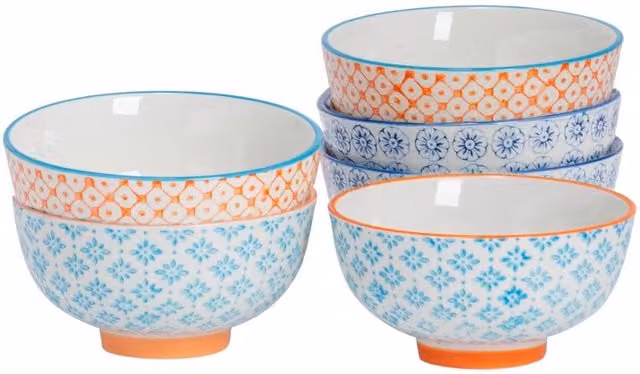 Nicola Spring Hand-Printed Ceramic Rice Bowls, Pack of 6, White and Multicolour, Diameter: 12 cm