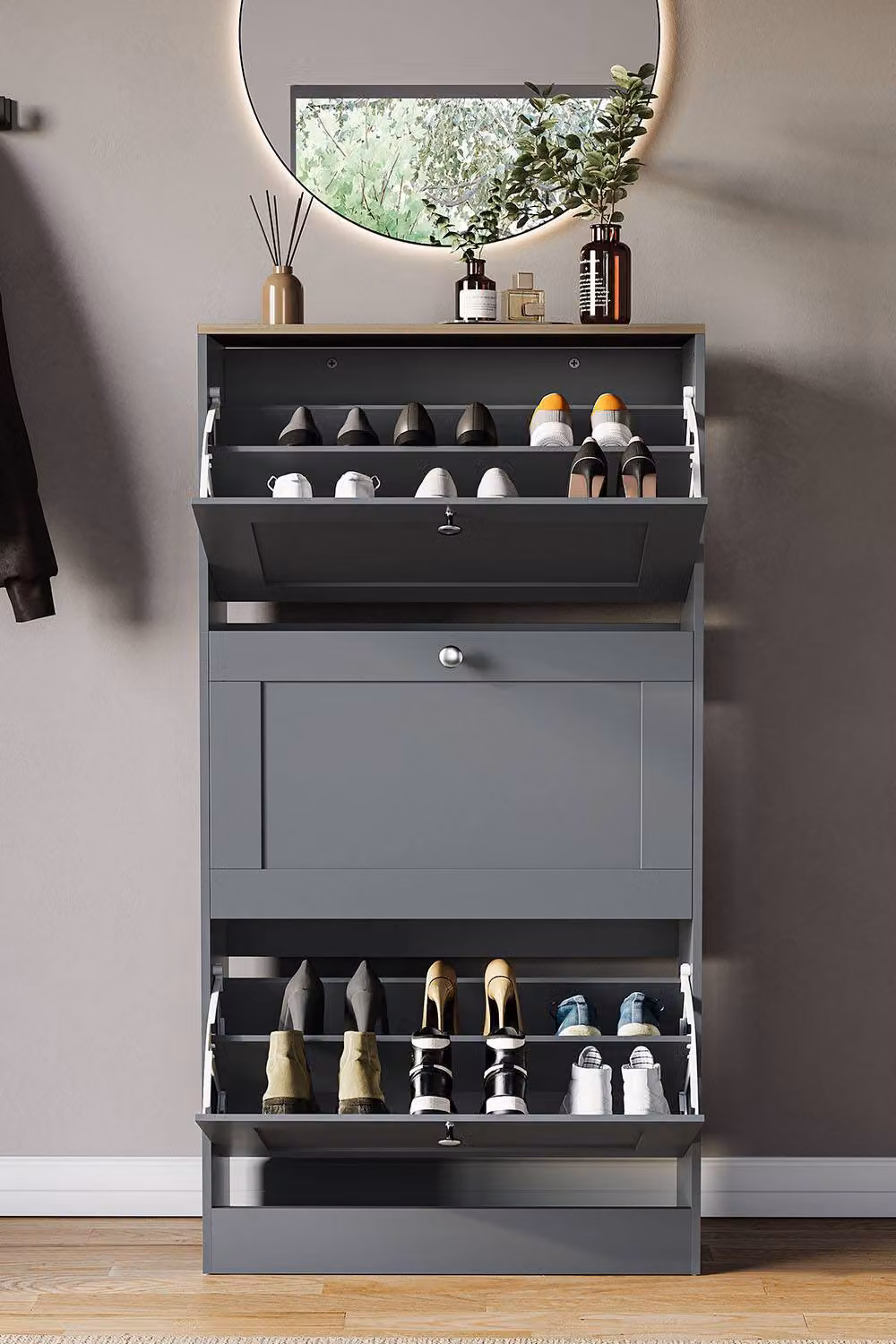 HD Designs Modern Grey 3 Drawer Shoe Cabinet with Tilting Compartments and LED Lighting – 3