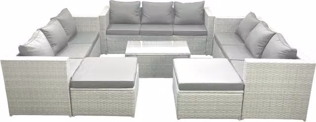 Fimous 11 Seater Rattan Garden Furniture Set in Grey with U-Shape Sofa, Coffee Table and Ottomans