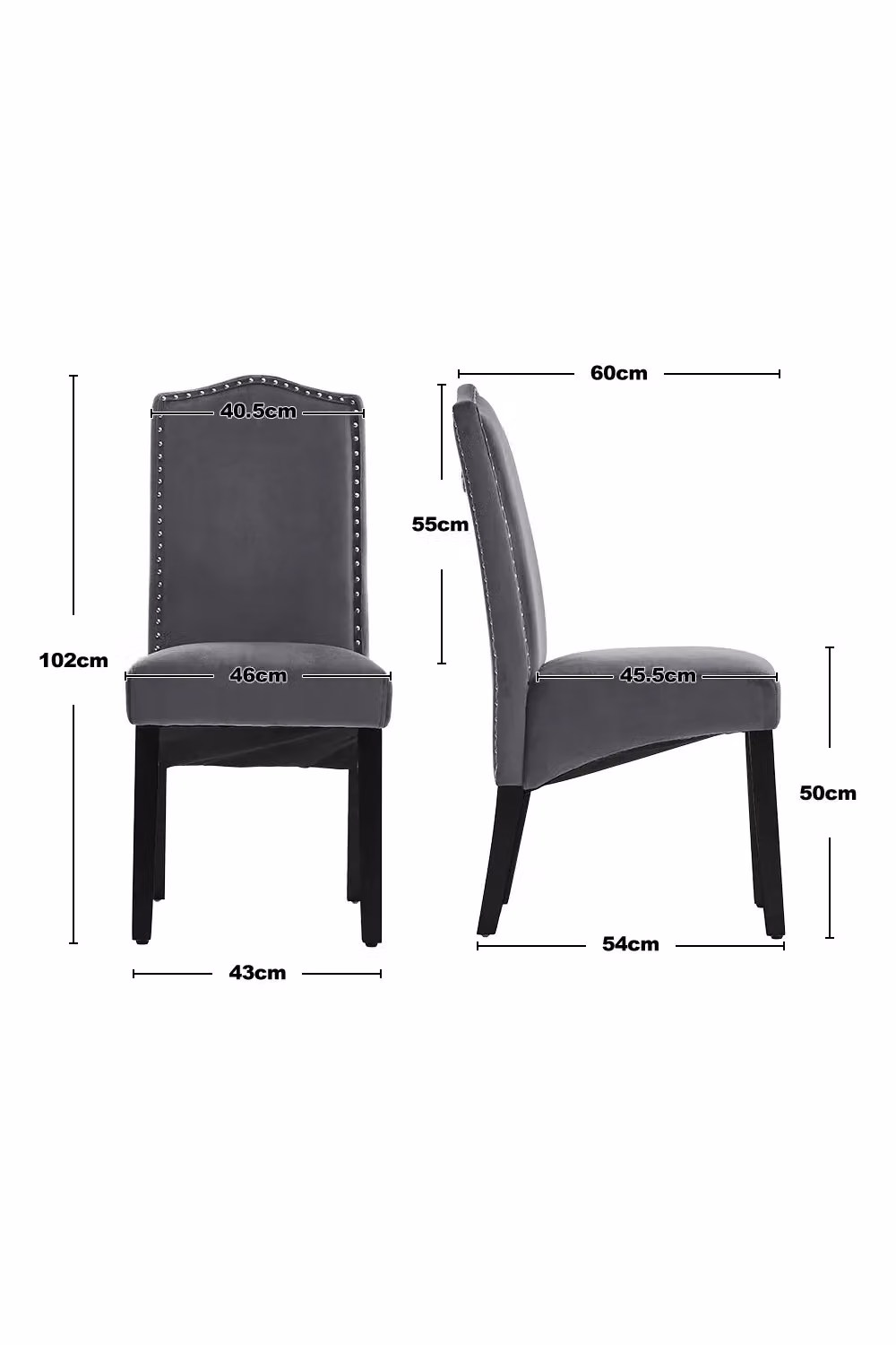 Living and Home Set of 2 Grey Velvet Upholstered High Back Dining and Dressing Chairs with Rivet Detailing – 2