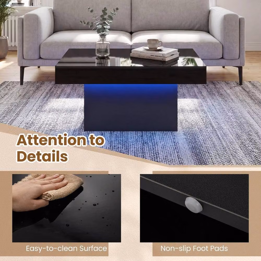 VOGREX Square LED Coffee Table in Black with Glossy Glass Top – 6