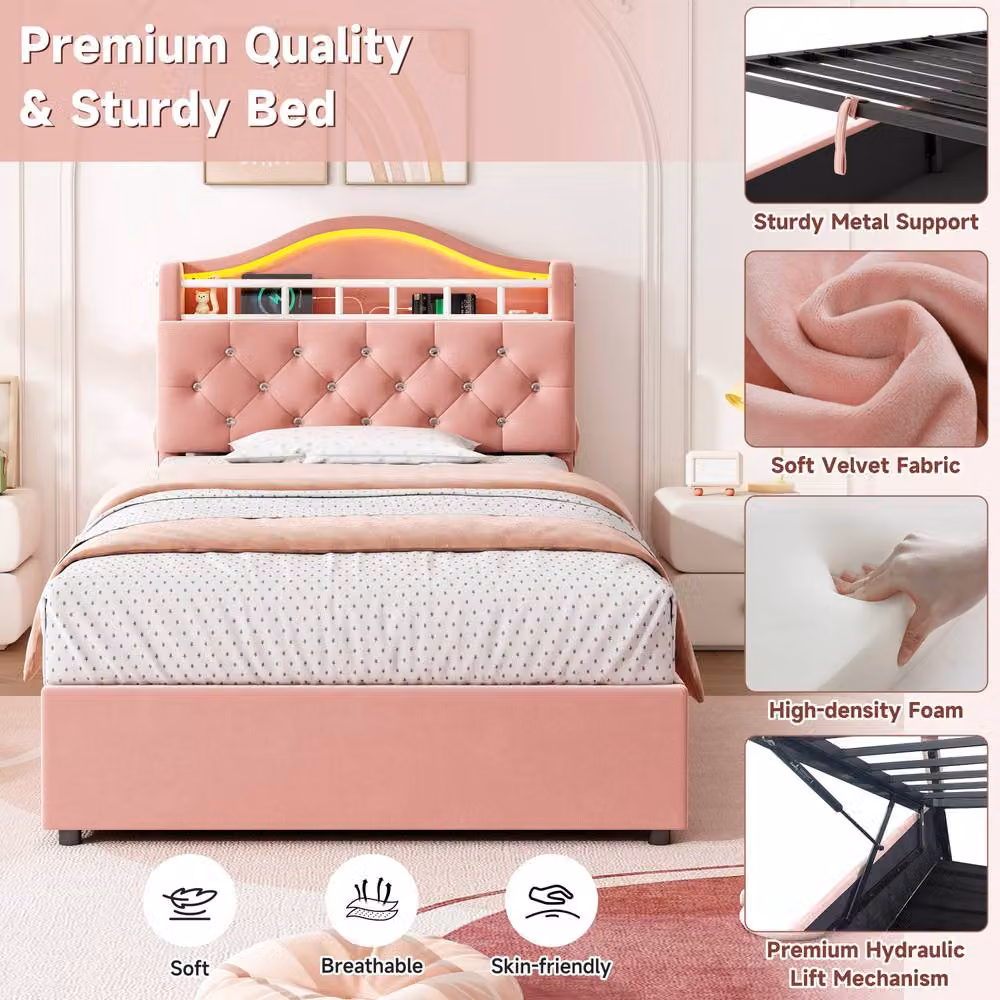 BTM Single Hydraulic Velvet Bed in Pink with LED Lighting and USB Charging Port, W/D/H: 90 x 190 x 93 cm – 5
