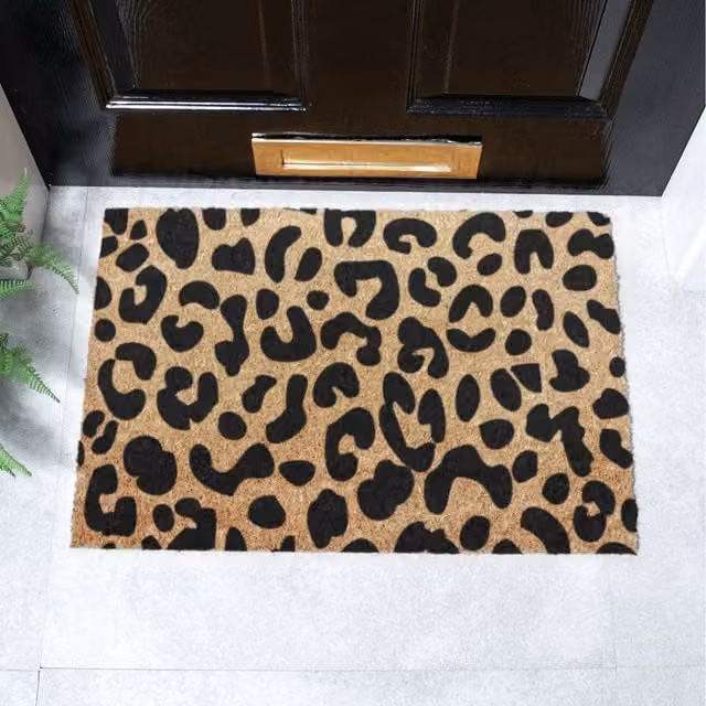 Artsy Mats Leopard Print Brown Coir and Natural Rubber Non-Slip Weatherproof Rectangular Doormat