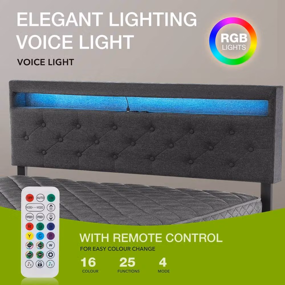 FORGEVIO Double Size Bed Frame with LED Under-Bed Lighting, USB Charging Ports and Side Compartments in Grey – 6