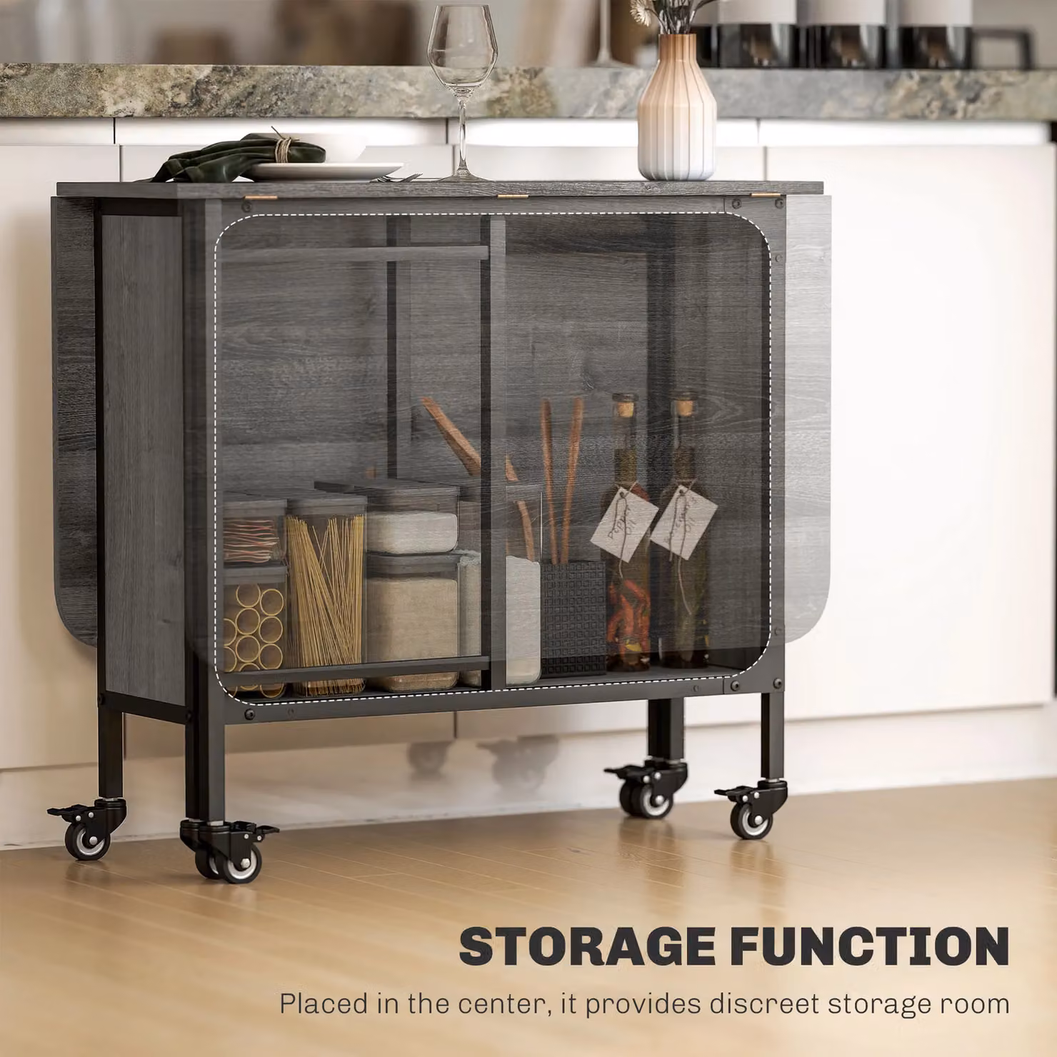 HOMCOM Mobile Drop Leaf Dining Table with Castors and Storage Shelf in Grey – 5