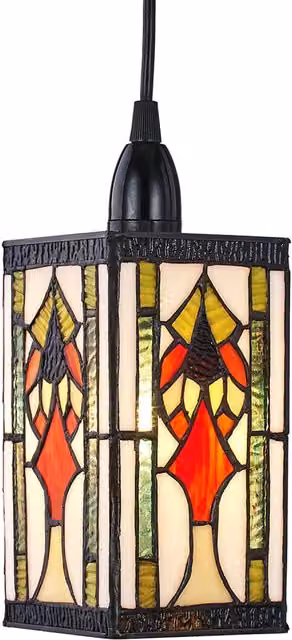 Happy Homewares Art Deco Tiffany Easy Fit Pendant Shade in Multicolour Green, Amber and Red Stained Glass, Rectangular Shape – 4