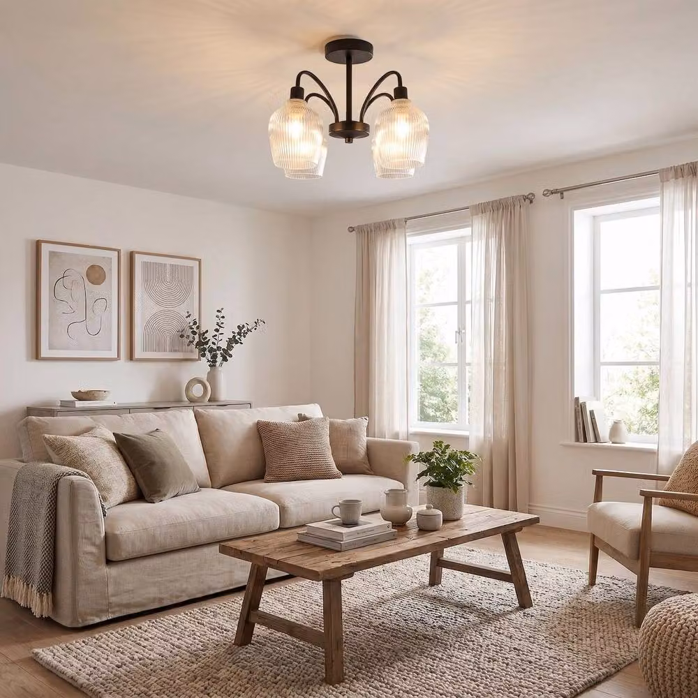 Happy Homewares Classic Ceiling Light Fitting with Transparent Ribbed Glass Shades in Black – 3