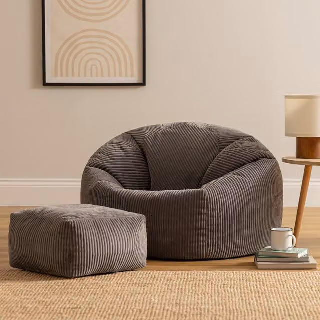 ICON Kingston Jumbo Cord Bean Bag and Footstool Bundle in Charcoal Grey