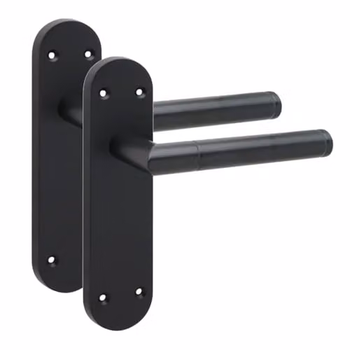 Golden Grace Victorian Straight Door Handle with Long Rounded Backplate in Matt Black, 1 Pair