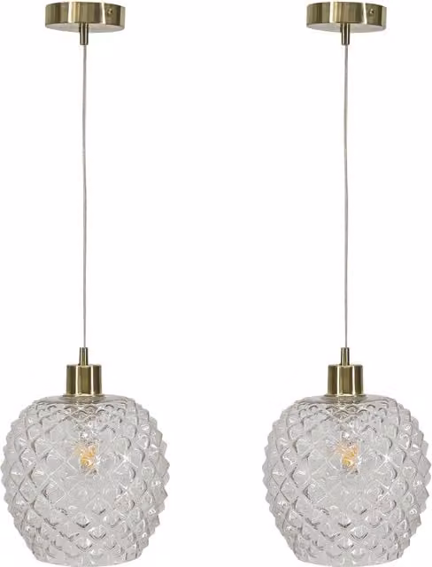 First Choice Lighting Baine Set of 2 Suspended Pendant Lights with Transparent Glass and Gold/Brass Fittings