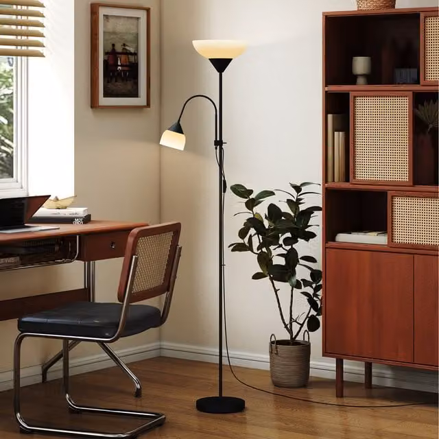 HOMCOM Modern Black Metal Mother and Child Floor Lamp with Adjustable Cone Shade and White Glass Elements, Height: 177.8 cm