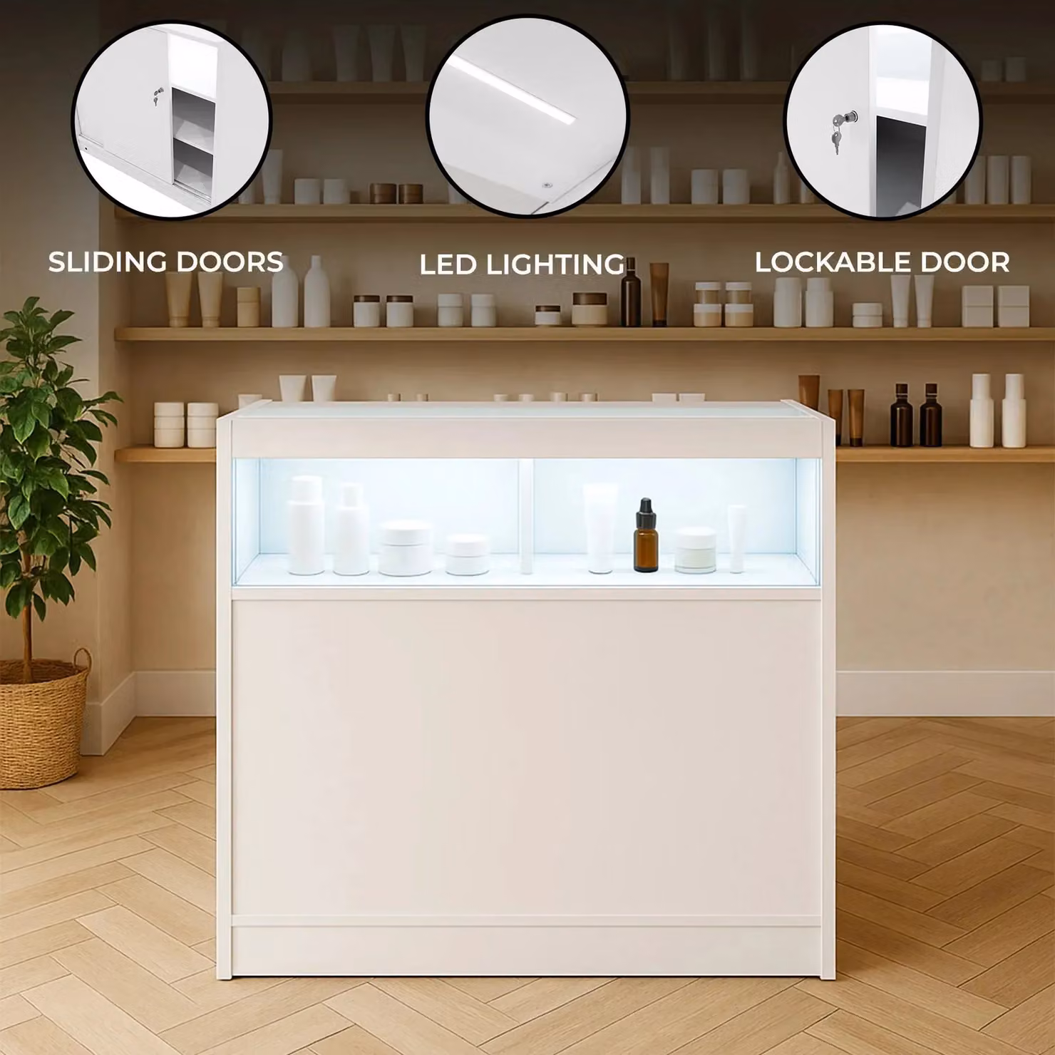 Monstershop B900 Straight Retail Shop Counter with LED Lighting and Sliding Glass Doors, White – 2