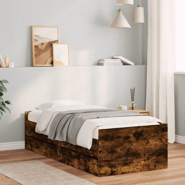 Berkfield Home Modern Bed Frame with Drawers in Smoked Oak Brown, W: 100 cm, D: 200 cm