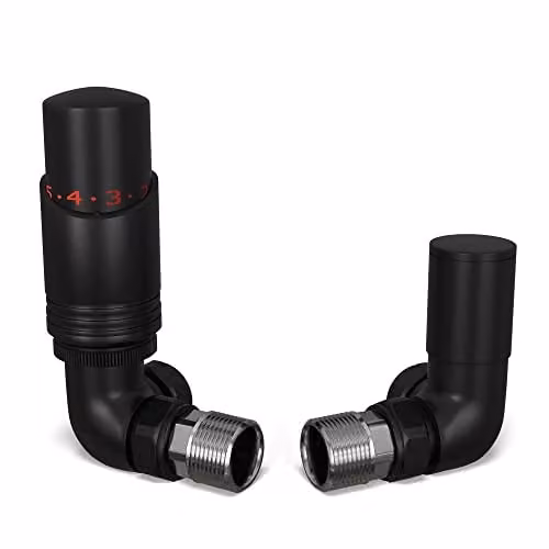 UK Radiators Talus Bold Matt Black Modern Thermostatic Radiator Valve and Lockshield Set with 1/2BSP 8mm Corner Connection