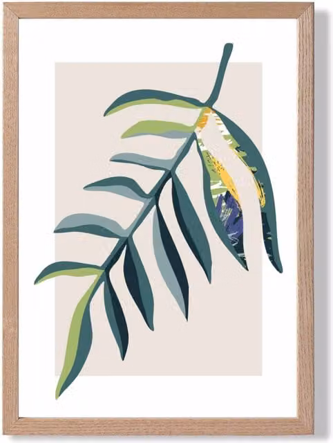 ARTZE Mid Century Modern Tropical Leaf Framed Print in Petrol, Green and Purple with Oak Wood Frame