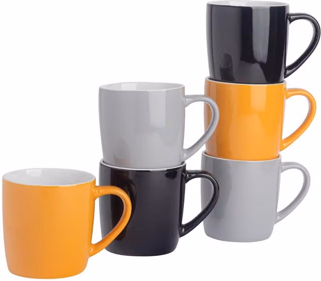 Argon Tableware Set of 6 Stoneware Coffee Mugs, 350ml, Yellow, Grey and Black