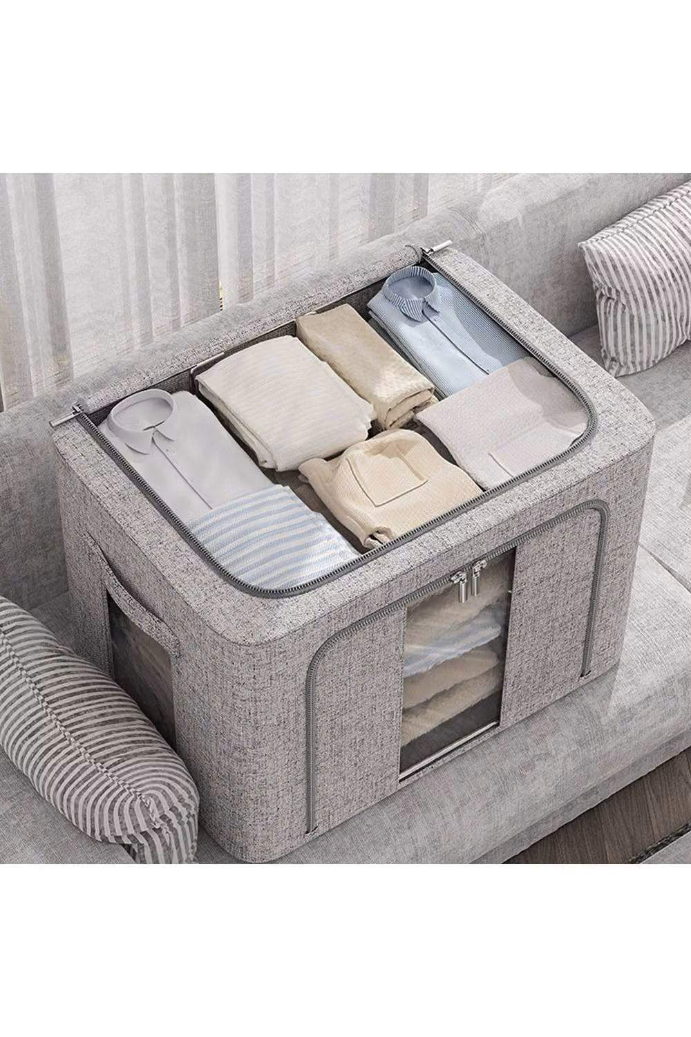 Living and Home Grey Metal Frame Fabric Storage Box with Handles, W/D/H: 100 x 66 x 24 cm – 2
