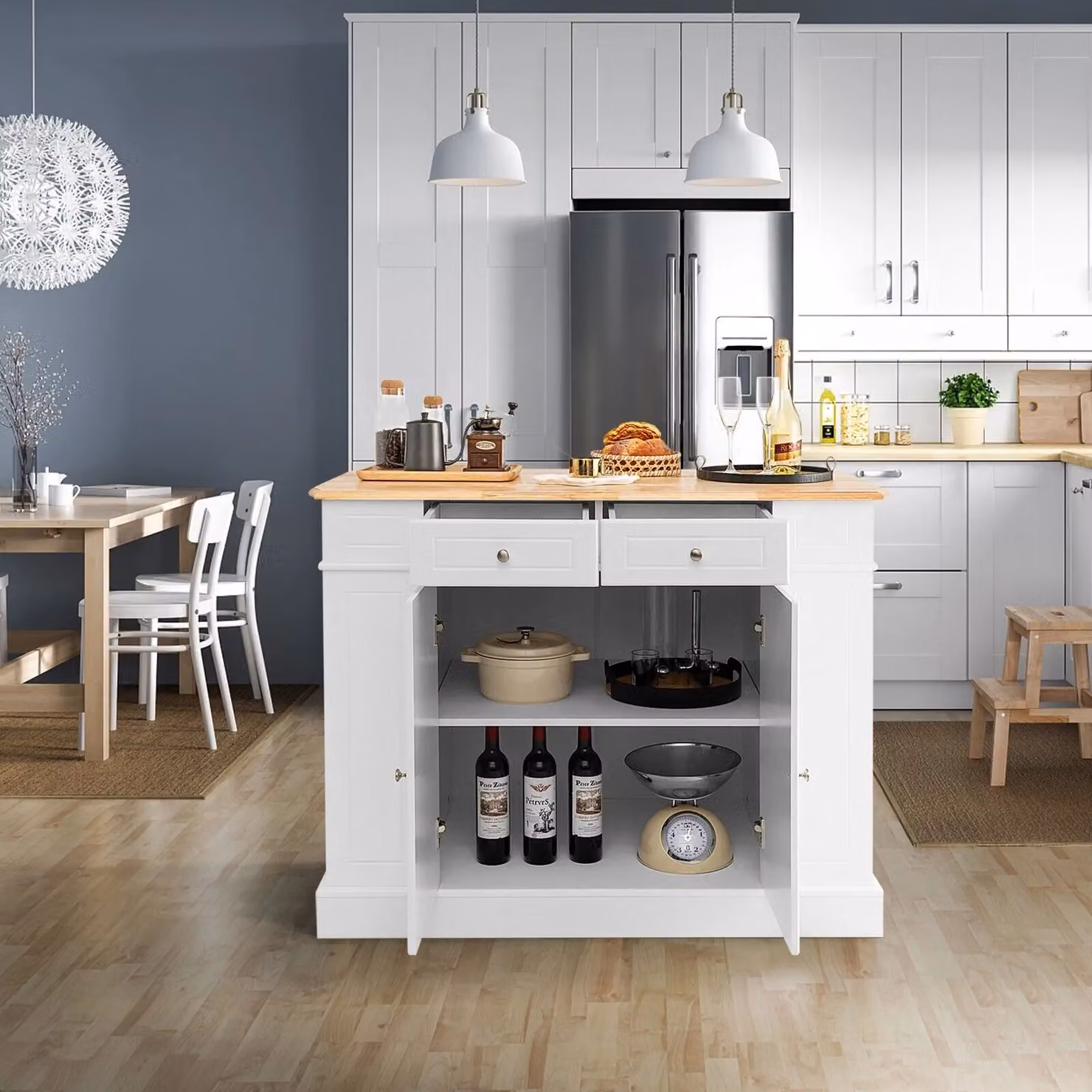 Gymax Kitchen Island Storage Cupboard with Drop Leaf Countertop and 2-Door Rubberwood Cabinet in White – 4