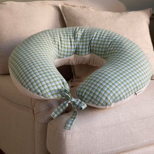 Avery Row Organic Cotton U-Shaped Nursing Pillow in Green Greenhouse Gingham – 1
