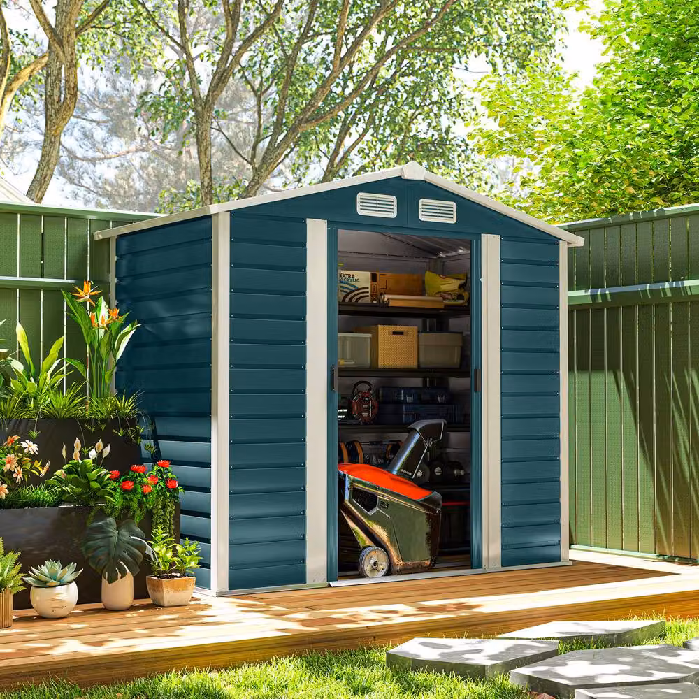 Rolipo Green Galvanised Steel Garden Shed with Foundation Kit and Lock, W: 213.4 cm, D: 121.9 cm – 3