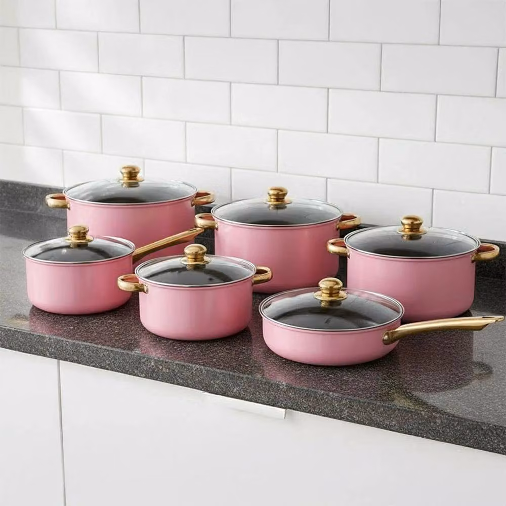 FLAVORA 12-Piece Pink Stainless Steel Non-Stick Cookware Set with Induction Compatibility – 2