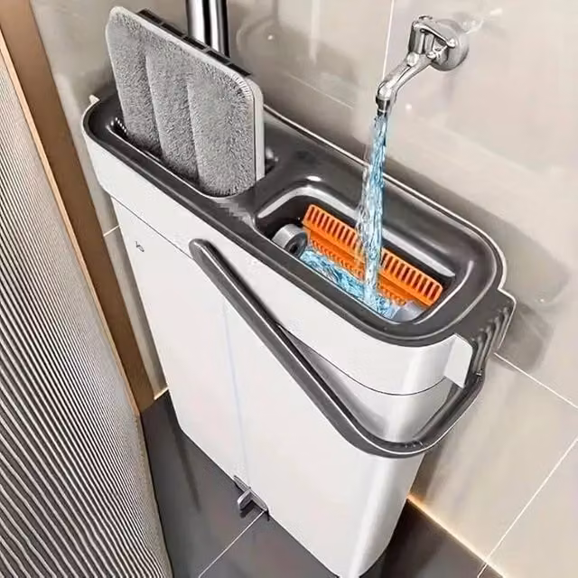 VOGREX Premium Compact Flat Mop and Bucket Set with Scraper, Multicolour – 1