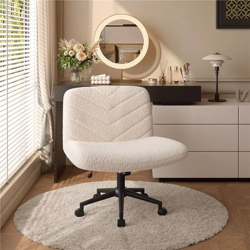 KORVIXA White Bouclé Modern Swivel Task Chair for Home Office with Metal Frame and Castors – 2