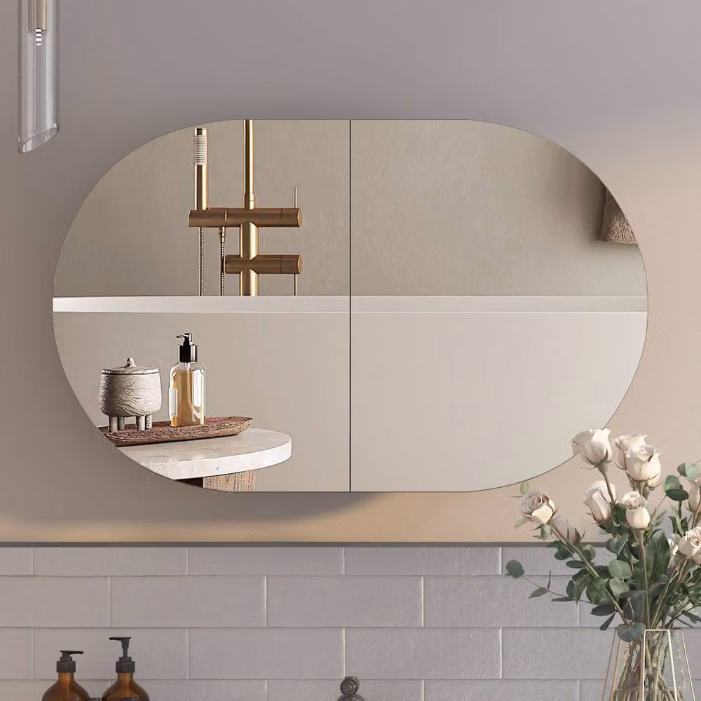 KEEPREAPER Black Oval Bathroom Mirror Cabinet with 2 Folding Doors, W: 60 cm, H: 96 cm, D: 11.43 cm – 4