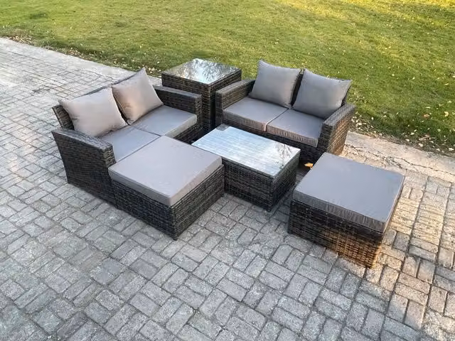 Fimous 6 Seater Rattan Garden Furniture Set in Dark Grey with L-Shape Sofa, Coffee Table and 2 Ottomans