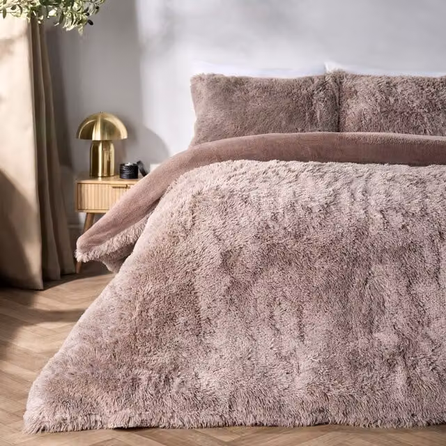 OHS Fluffy Fleece Duvet Cover and Pillowcase Set, Beige Microfibre Winter Bedding, W/D/H: 220 x 230 x 180 cm – 2