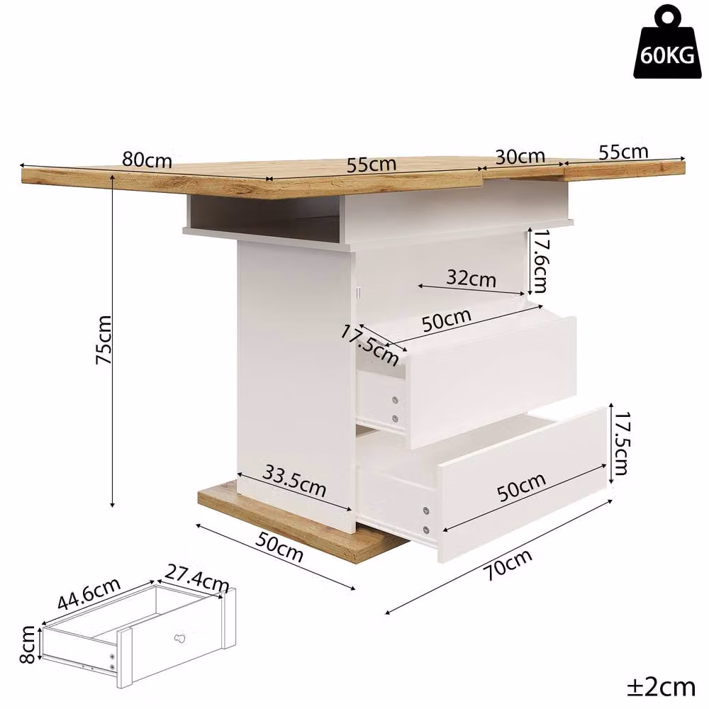 Merax Extendable Telescopic Rectangular Dining Table with Storage Base and 2 Drawers in White – 2