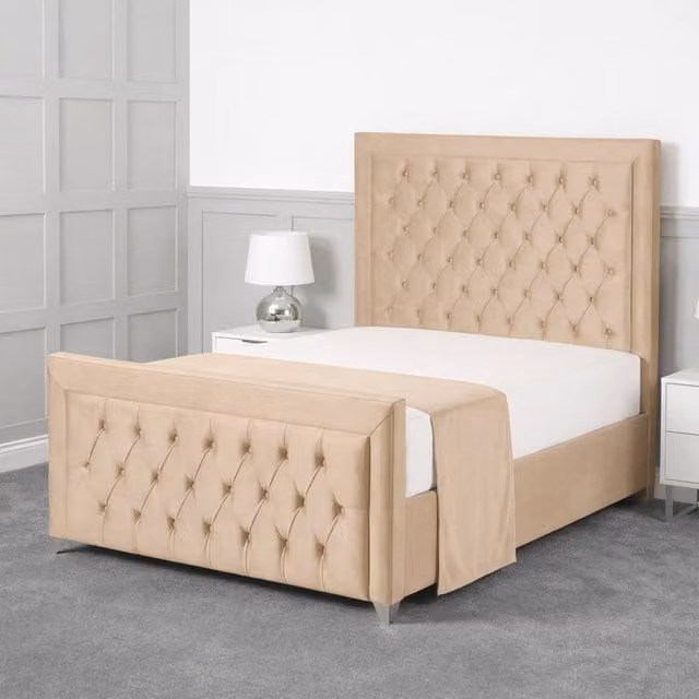 Living Comfort Bedz Ember Upholstered Velvet Gas Lift Storage Bed in Beige, Super King, W/D/H: 200 x 200 cm