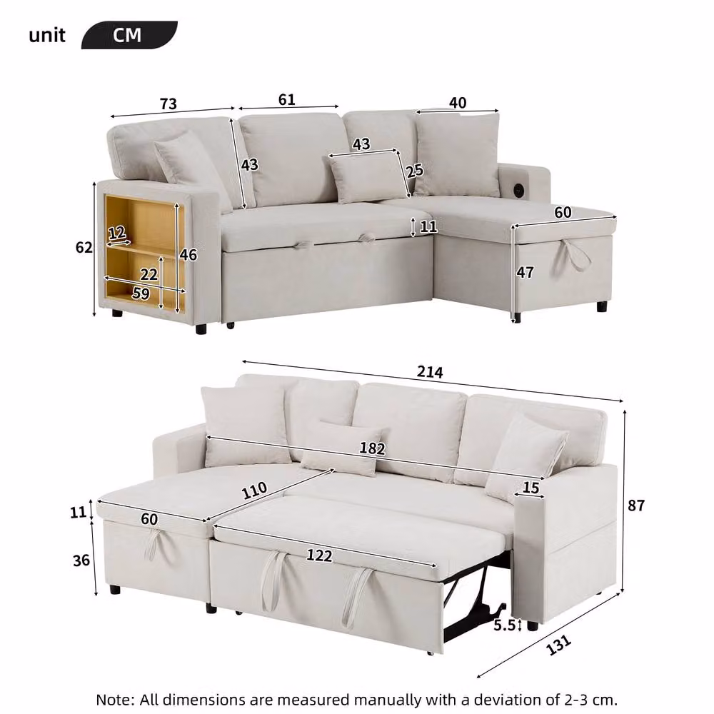 Rolipo Beige 3 Seater L-Shape Corner Sofa Bed with Storage, USB Charging and Pull Out Drawer – 2