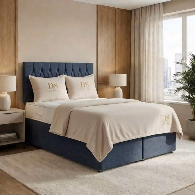 DS Living Diamond Denim Upholstered Divan Bed in Blue, W/D/H: 90 x 200 cm – 1