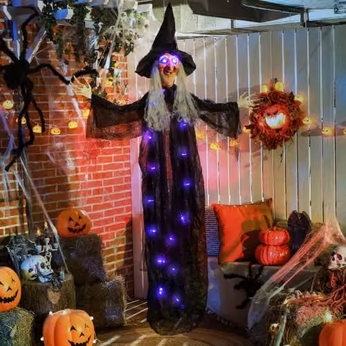 Outsunny Life Size Halloween Animated Hanging Witch with LED Eyes in Black and Purple, Height: 183 cm – 5