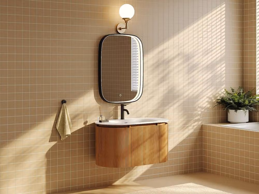 Vente-unique Fluted Ash Wood Wall-Hung Bathroom Unit with Matt White Resin Inset in Light Oak – 3