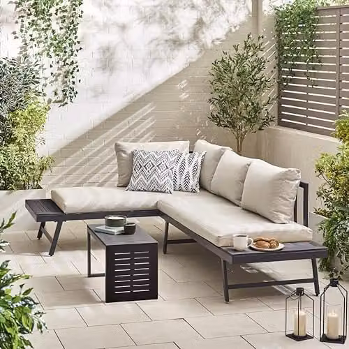 FurnitureboxUK Modern 2 Seater Outdoor Garden Sofa and Coffee Table Set with Upholstered Weather Resistant Cushions in Grey